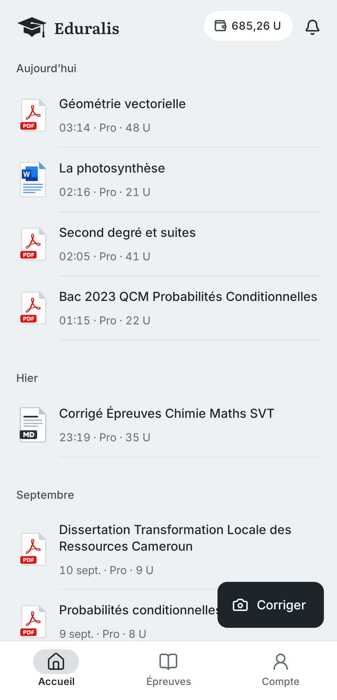 Accueil de l’application Eduralis : les corrections du jour.
