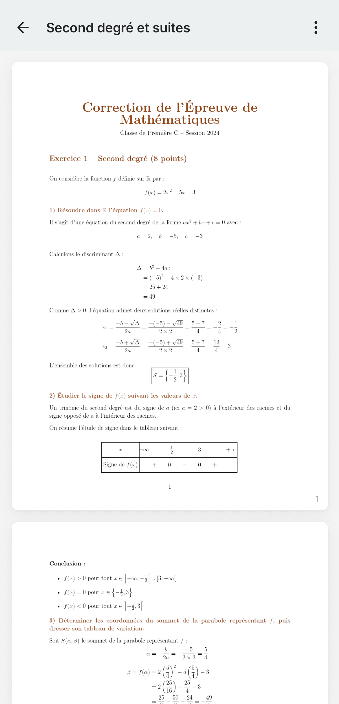 Une correction de mathématiques rendue en PDF par Eduralis.